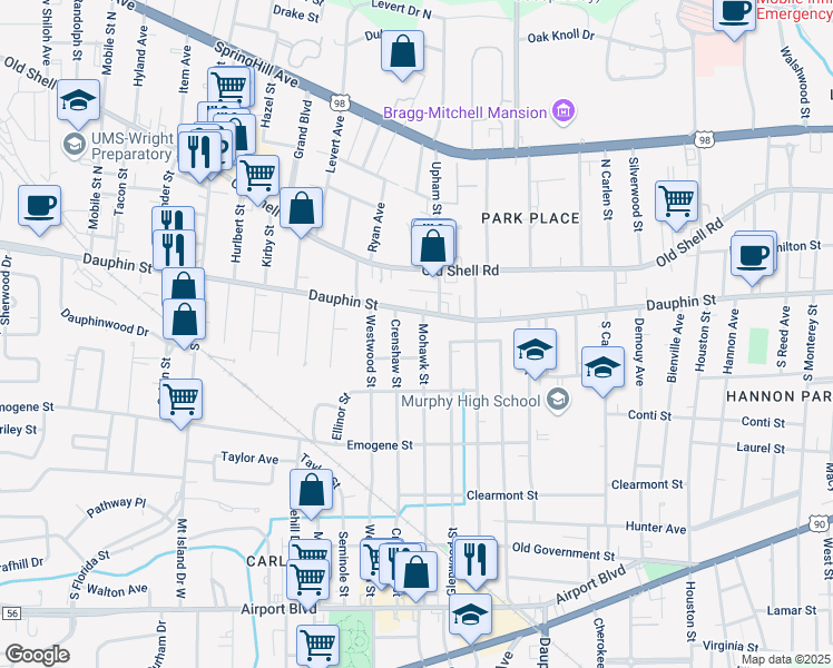 map of restaurants, bars, coffee shops, grocery stores, and more near 8 Mohawk Street in Mobile