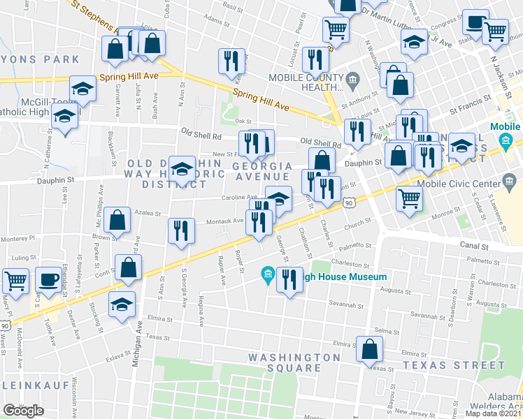 map of restaurants, bars, coffee shops, grocery stores, and more near 59 South Hallett Street in Mobile