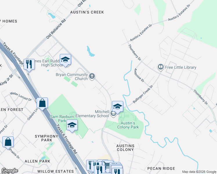 map of restaurants, bars, coffee shops, grocery stores, and more near 2704 Colony Glen Drive in Bryan