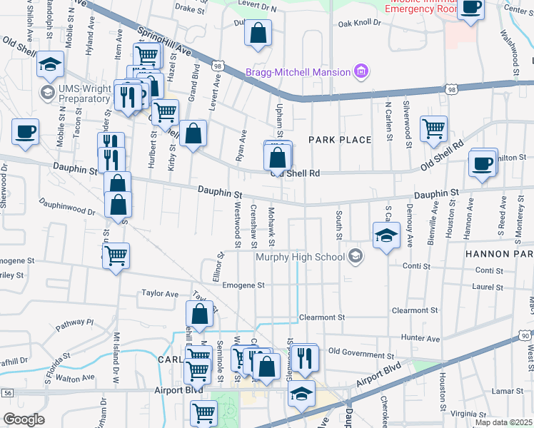 map of restaurants, bars, coffee shops, grocery stores, and more near 8 Mohawk Street in Mobile