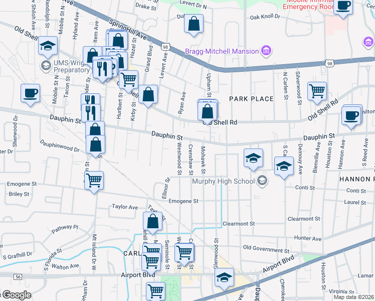 map of restaurants, bars, coffee shops, grocery stores, and more near 8 Crenshaw Street in Mobile