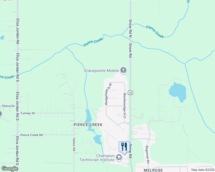 map of restaurants, bars, coffee shops, grocery stores, and more near 410 Wedgefield Drive West in Mobile