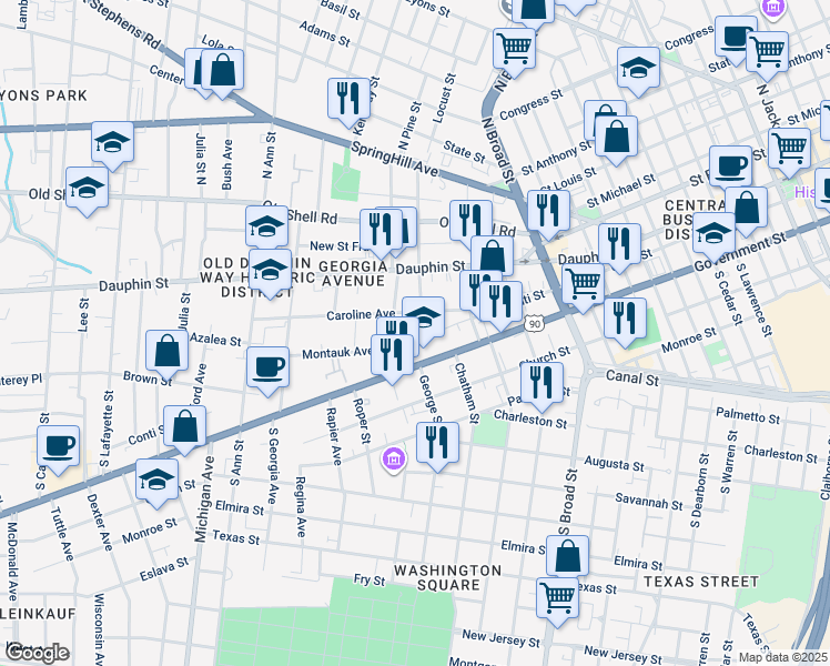 map of restaurants, bars, coffee shops, grocery stores, and more near 1060 Government Street in Mobile