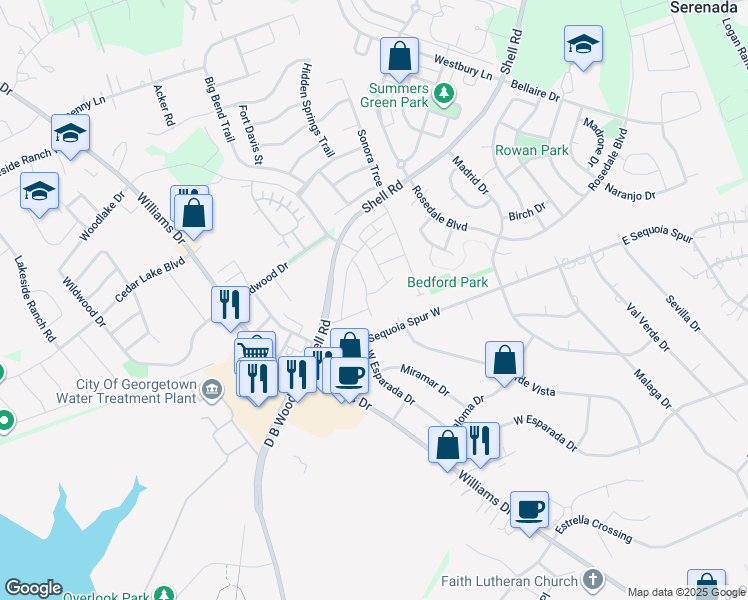 map of restaurants, bars, coffee shops, grocery stores, and more near 205 Mexican Olive Drive in Georgetown