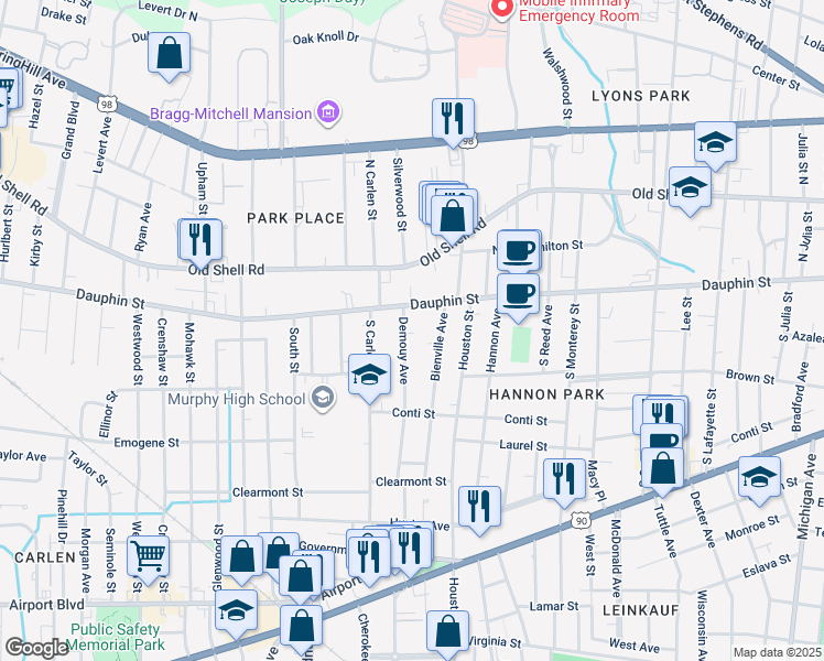 map of restaurants, bars, coffee shops, grocery stores, and more near 7 Demouy Avenue in Mobile