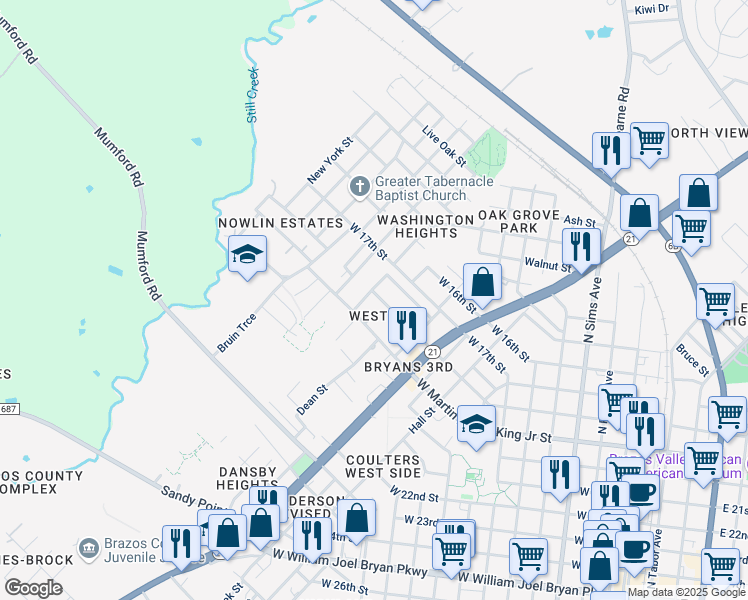 map of restaurants, bars, coffee shops, grocery stores, and more near 1231 West 18th Street in Bryan