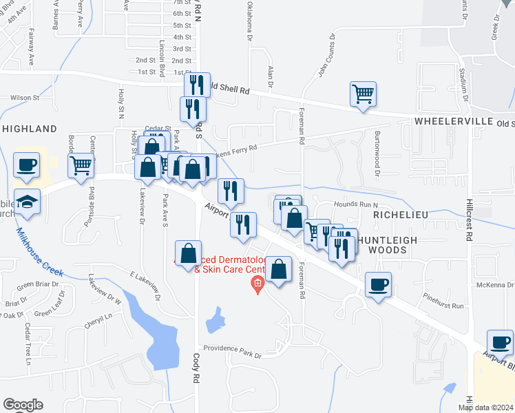 map of restaurants, bars, coffee shops, grocery stores, and more near 6960 Airport Boulevard in Mobile