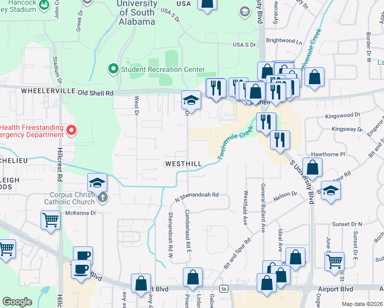 map of restaurants, bars, coffee shops, grocery stores, and more near 213 East Drive in Mobile