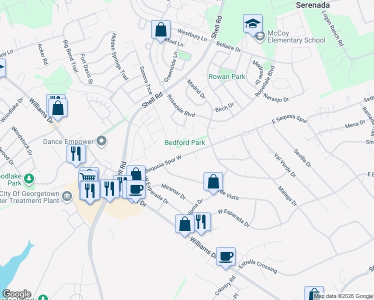 map of restaurants, bars, coffee shops, grocery stores, and more near 502 Sequoia Spur West in Georgetown