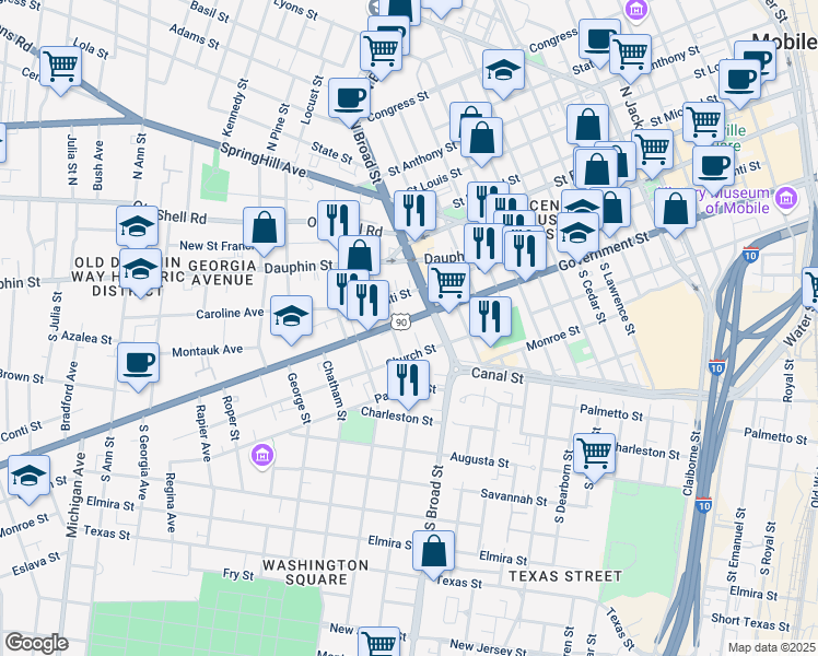 map of restaurants, bars, coffee shops, grocery stores, and more near 911 Government Street in Mobile