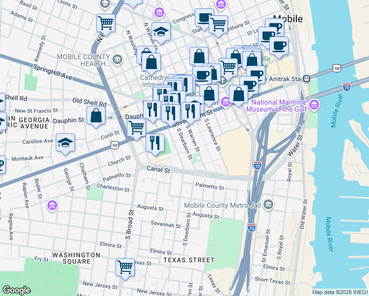 map of restaurants, bars, coffee shops, grocery stores, and more near 158 South Dearborn Street in Mobile