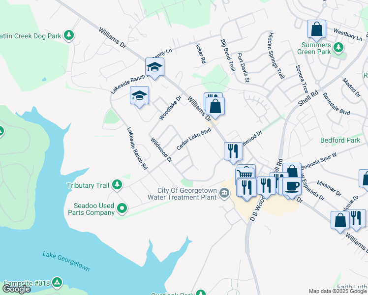 map of restaurants, bars, coffee shops, grocery stores, and more near 301 Cedar Lake Boulevard in Georgetown