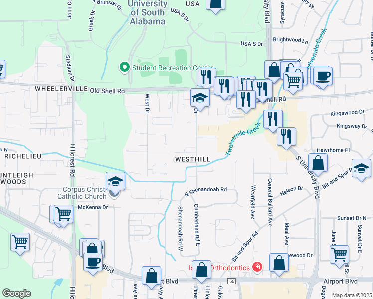 map of restaurants, bars, coffee shops, grocery stores, and more near 6028 Sussex Drive in Mobile