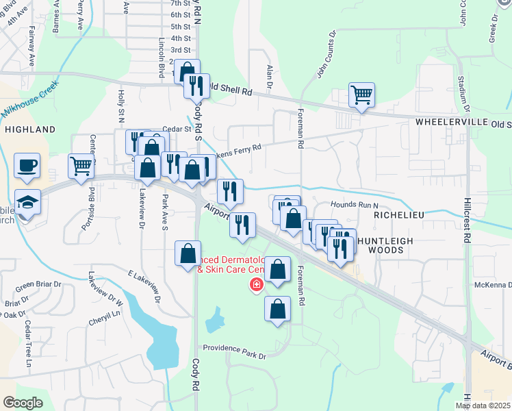 map of restaurants, bars, coffee shops, grocery stores, and more near 6960 Airport Boulevard in Mobile