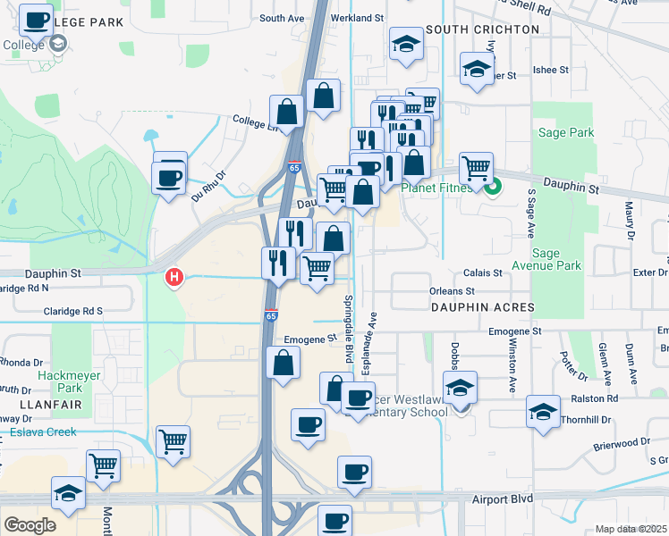 map of restaurants, bars, coffee shops, grocery stores, and more near 90 Springdale Boulevard in Mobile