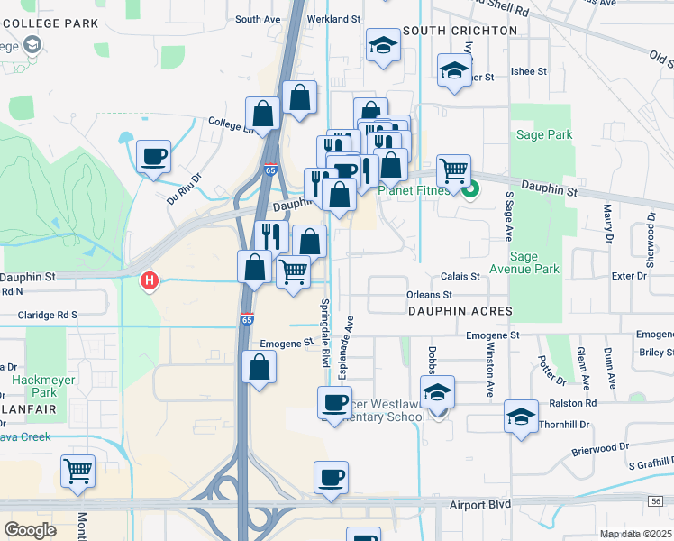map of restaurants, bars, coffee shops, grocery stores, and more near 90 Springdale Boulevard in Mobile