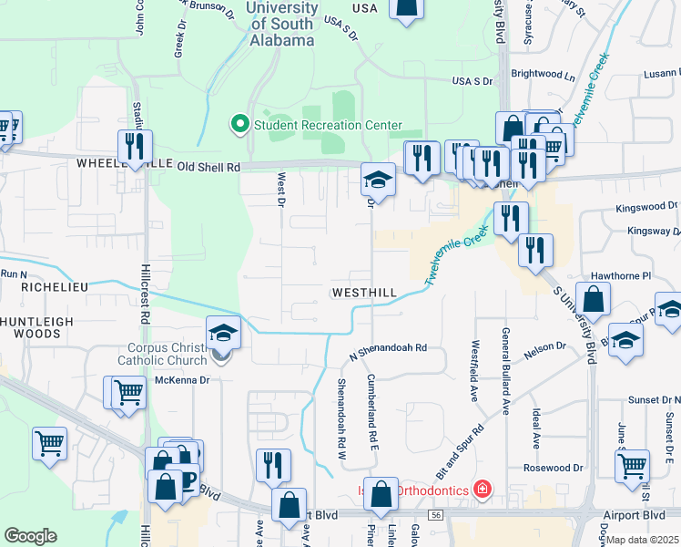 map of restaurants, bars, coffee shops, grocery stores, and more near 6065 Sussex Drive in Mobile