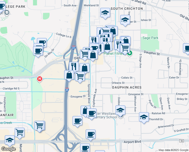 map of restaurants, bars, coffee shops, grocery stores, and more near 103 Midtown Park West in Mobile