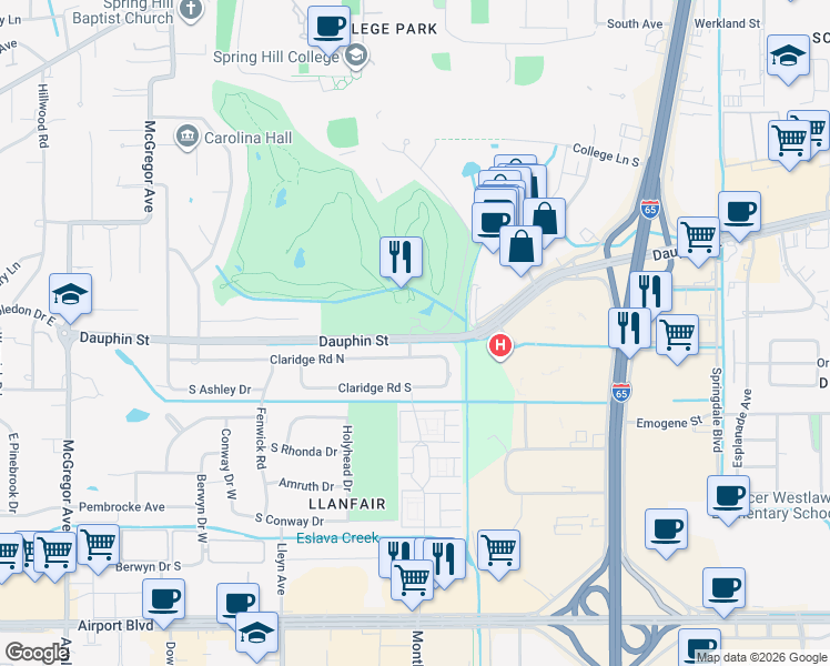 map of restaurants, bars, coffee shops, grocery stores, and more near 3719 Dauphin Street in Mobile