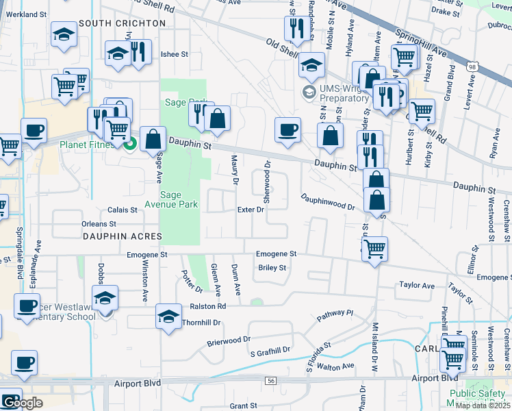 map of restaurants, bars, coffee shops, grocery stores, and more near 2806 Exter Dr in Mobile