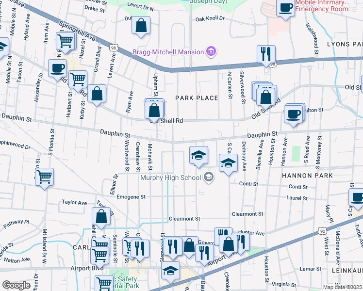 map of restaurants, bars, coffee shops, grocery stores, and more near 2013 Dauphin Street in Mobile