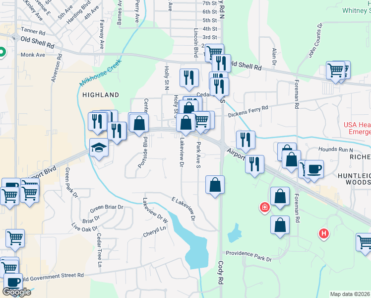 map of restaurants, bars, coffee shops, grocery stores, and more near 241 Lakeview Drive in Mobile