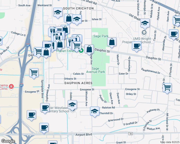 map of restaurants, bars, coffee shops, grocery stores, and more near 100 South Sage Avenue in Mobile