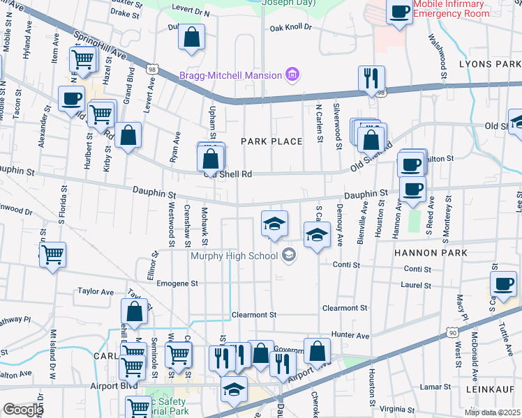 map of restaurants, bars, coffee shops, grocery stores, and more near 2013 Dauphin Street in Mobile