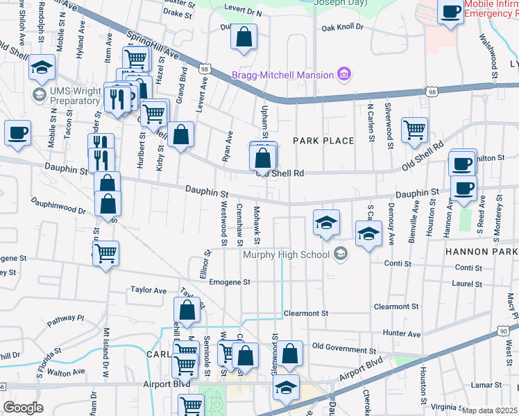 map of restaurants, bars, coffee shops, grocery stores, and more near 8 Mohawk Street in Mobile