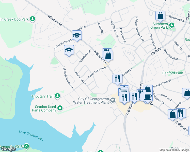 map of restaurants, bars, coffee shops, grocery stores, and more near 4616 Woodstock Drive in Georgetown