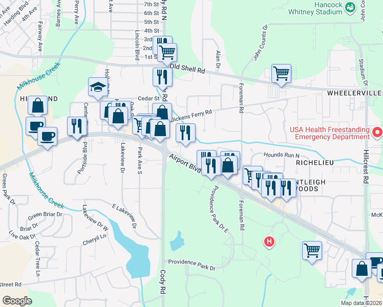 map of restaurants, bars, coffee shops, grocery stores, and more near 7050 Airport Boulevard in Mobile