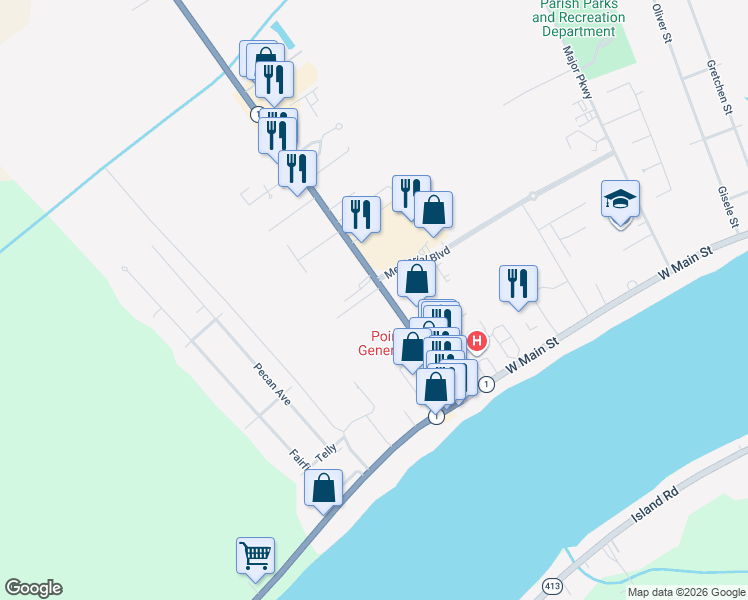 map of restaurants, bars, coffee shops, grocery stores, and more near 455 Hospital Road in New Roads