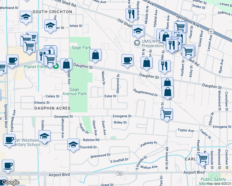 map of restaurants, bars, coffee shops, grocery stores, and more near 2806 Exter Drive in Mobile