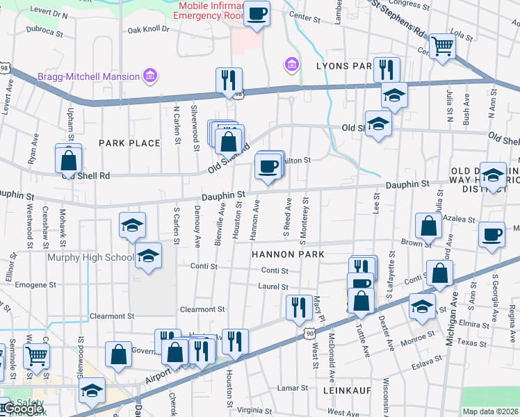 map of restaurants, bars, coffee shops, grocery stores, and more near 11 Hannon Avenue in Mobile