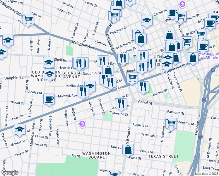 map of restaurants, bars, coffee shops, grocery stores, and more near 959 Alabama 16 in Mobile