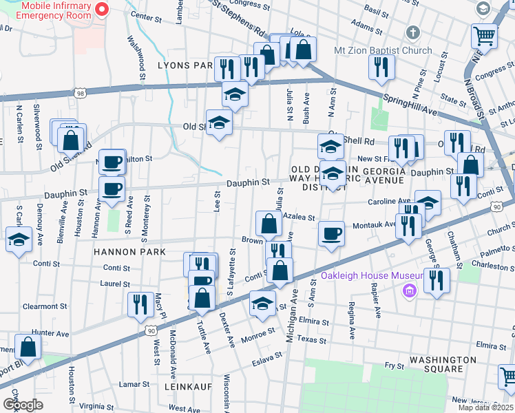 map of restaurants, bars, coffee shops, grocery stores, and more near 21 1/2 Mc Phillips Avenue in Mobile