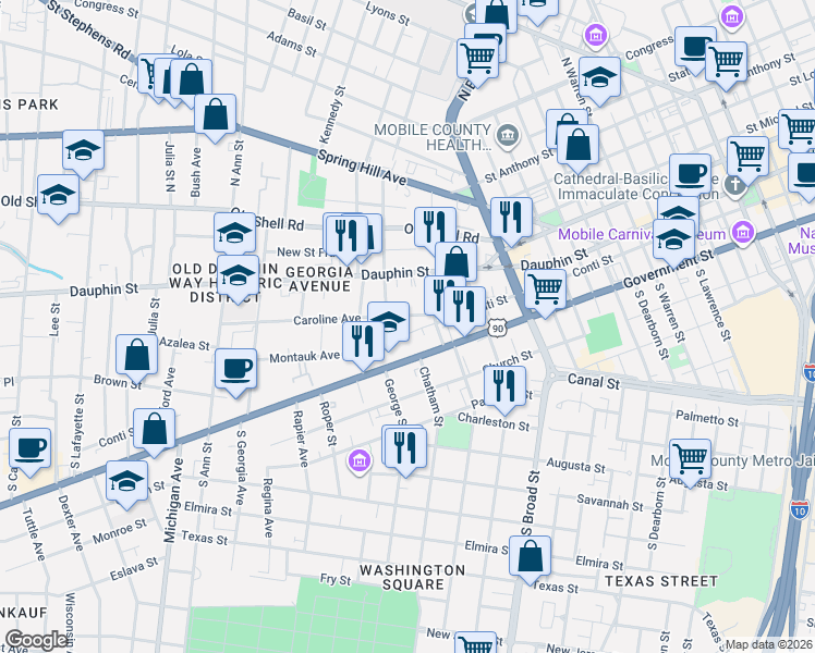 map of restaurants, bars, coffee shops, grocery stores, and more near 960 Conti Street in Mobile