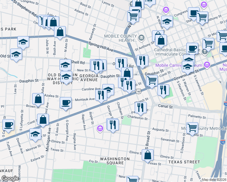 map of restaurants, bars, coffee shops, grocery stores, and more near 960 Conti Street in Mobile