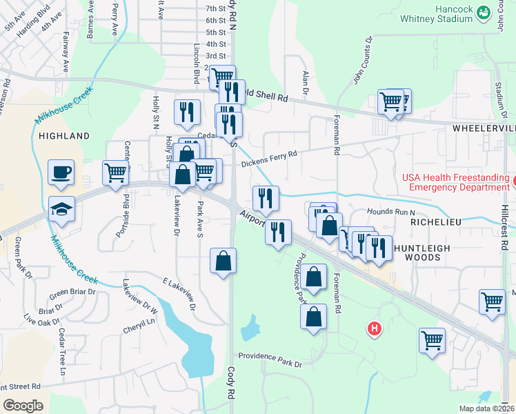 map of restaurants, bars, coffee shops, grocery stores, and more near 7050 Airport Boulevard in Mobile