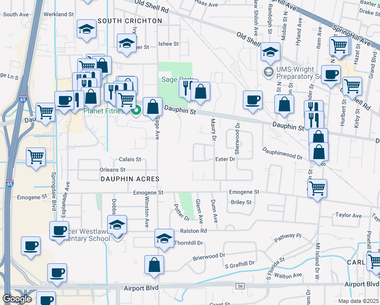 map of restaurants, bars, coffee shops, grocery stores, and more near 39 Lourando Drive in Mobile