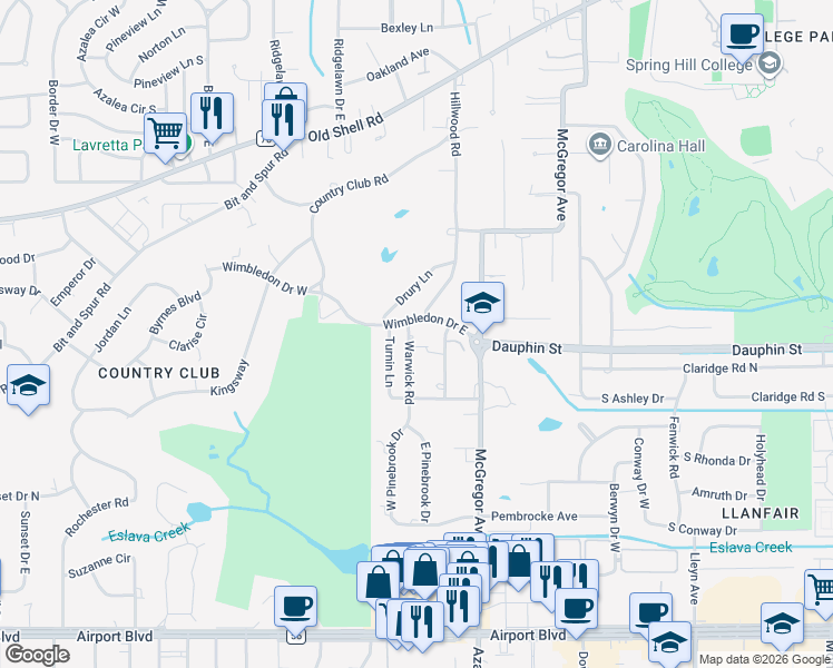 map of restaurants, bars, coffee shops, grocery stores, and more near 60 Croydon Rd in Mobile