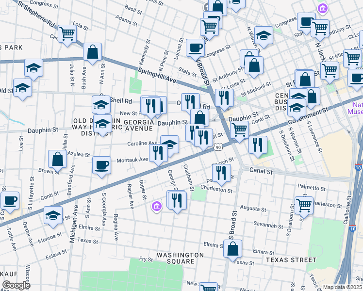 map of restaurants, bars, coffee shops, grocery stores, and more near 1006 Government Street in Mobile