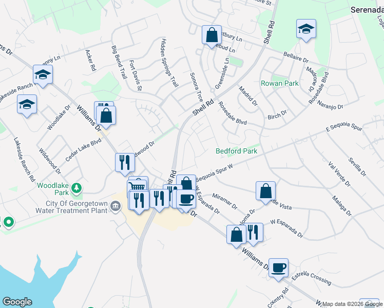 map of restaurants, bars, coffee shops, grocery stores, and more near 132 Mexican Olive Drive in Georgetown