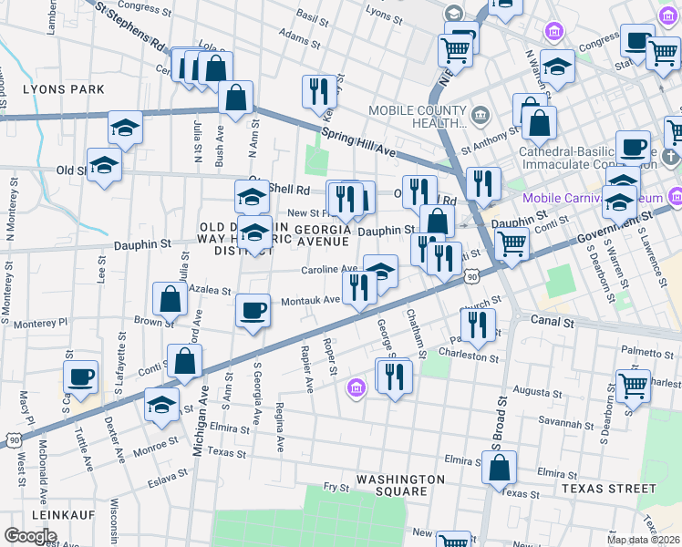 map of restaurants, bars, coffee shops, grocery stores, and more near 59 South Hallett Street in Mobile