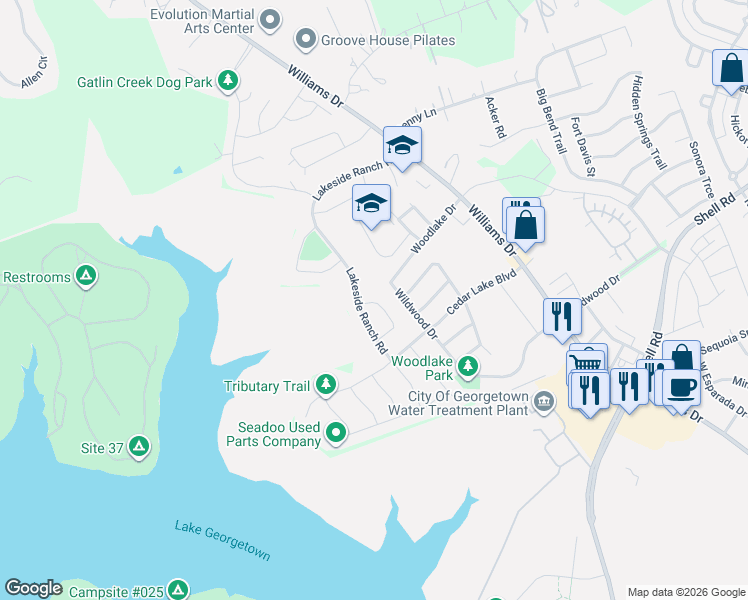 map of restaurants, bars, coffee shops, grocery stores, and more near 1704 Lakeside Ranch Road in Georgetown
