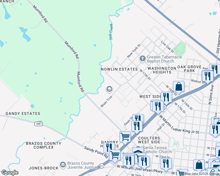 map of restaurants, bars, coffee shops, grocery stores, and more near 750 Bruin Trace in Bryan