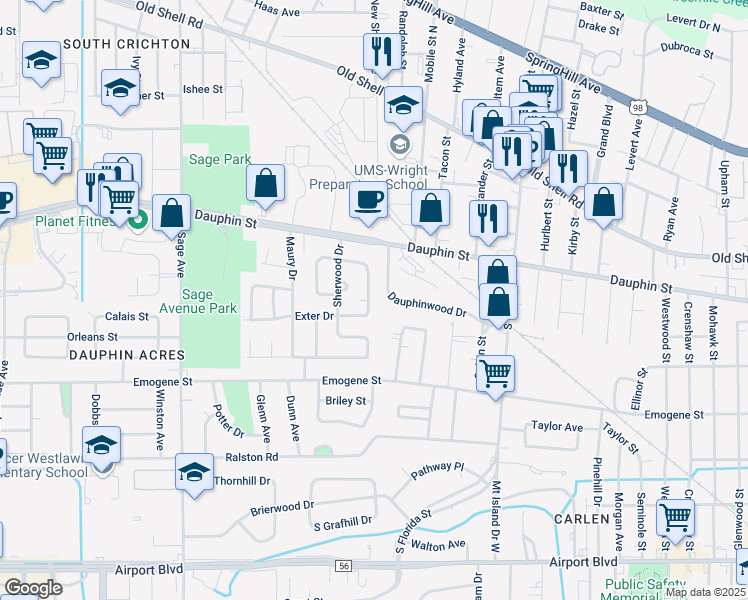 map of restaurants, bars, coffee shops, grocery stores, and more near 2763 Exter Drive in Mobile