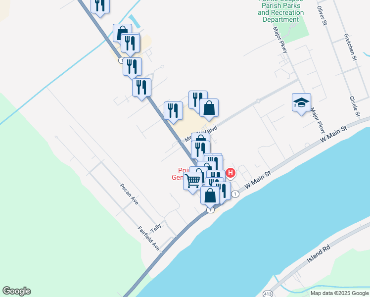 map of restaurants, bars, coffee shops, grocery stores, and more near 500 Hospital Road in New Roads