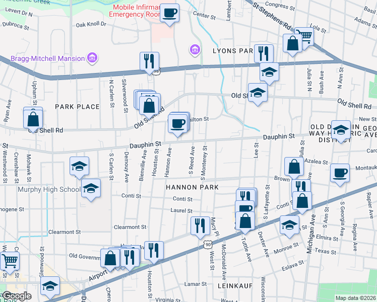 map of restaurants, bars, coffee shops, grocery stores, and more near 20 South Reed Avenue in Mobile