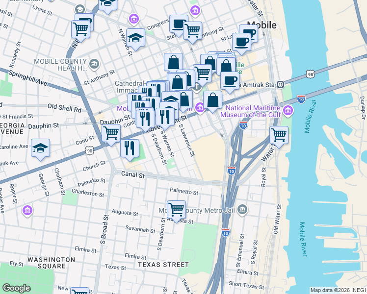 map of restaurants, bars, coffee shops, grocery stores, and more near 206 South Cedar Street in Mobile